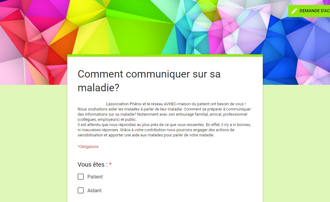 Questionnaire : Comment parler de sa maladie ; que faut-il dire, à qui, quand, comment et pourquoi ?